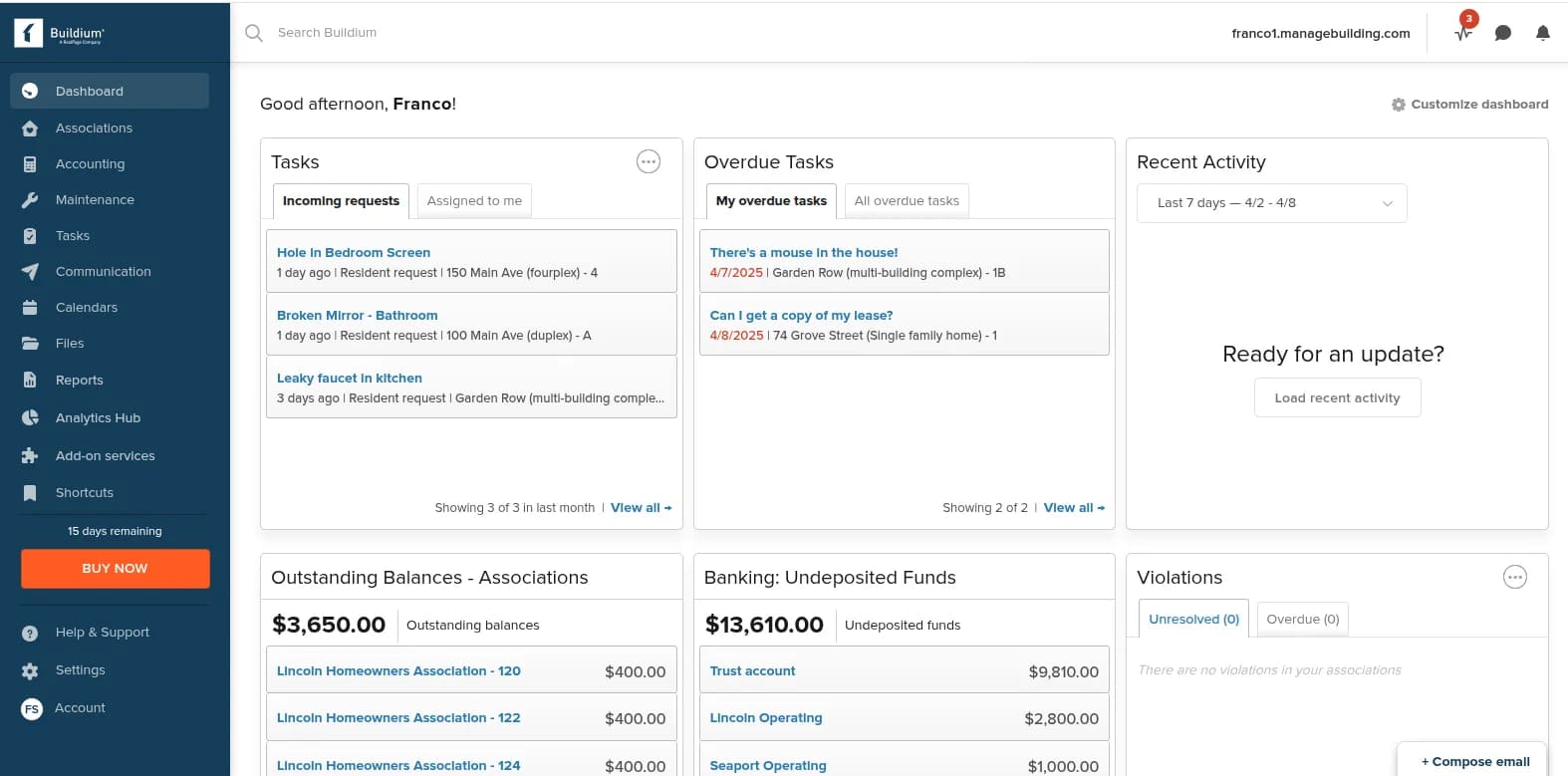 Buildium dashboard showing tasks, recent activity, outstanding balances and banking summary