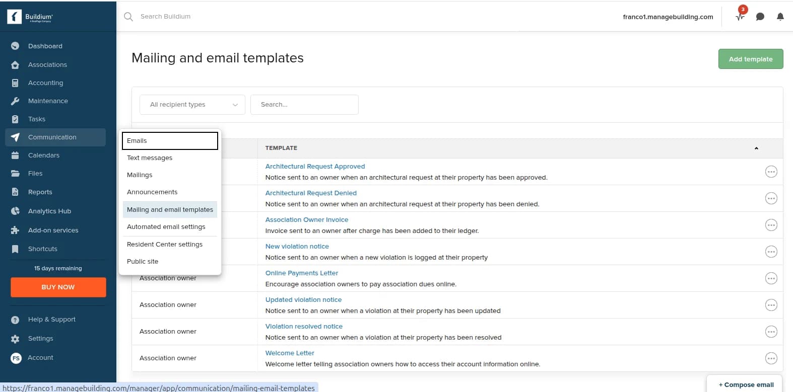 Buildium dashboard view used by Bellum to manage community communications