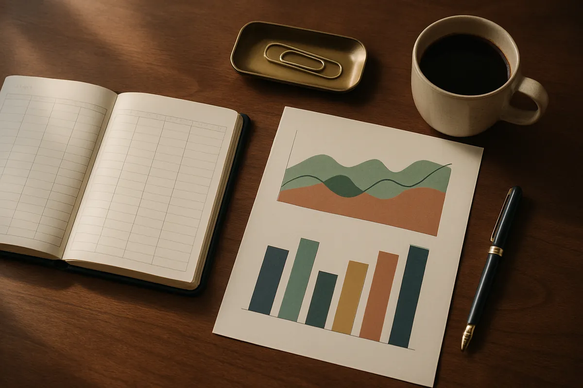 Year planner, budget charts, pen and coffee on a wooden desk