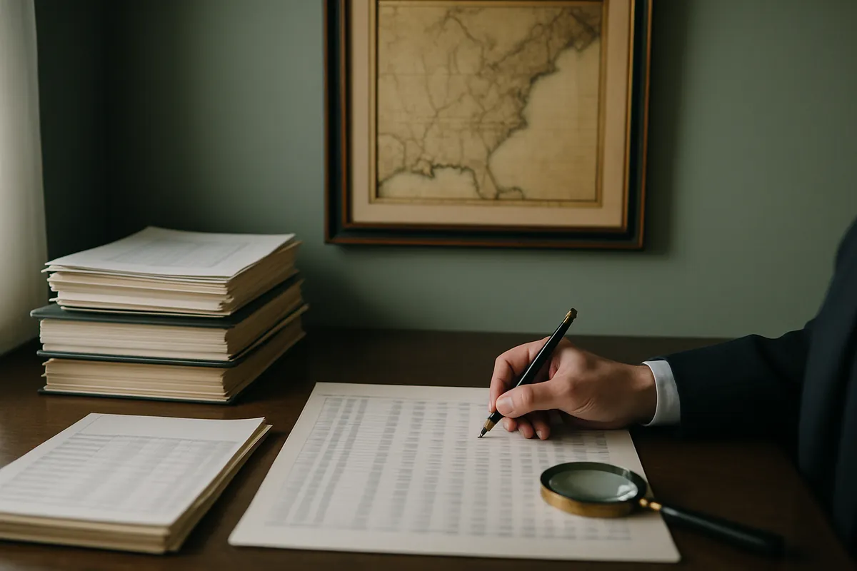 Auditor reviewing financial statements beneath a framed map of the eastern United States