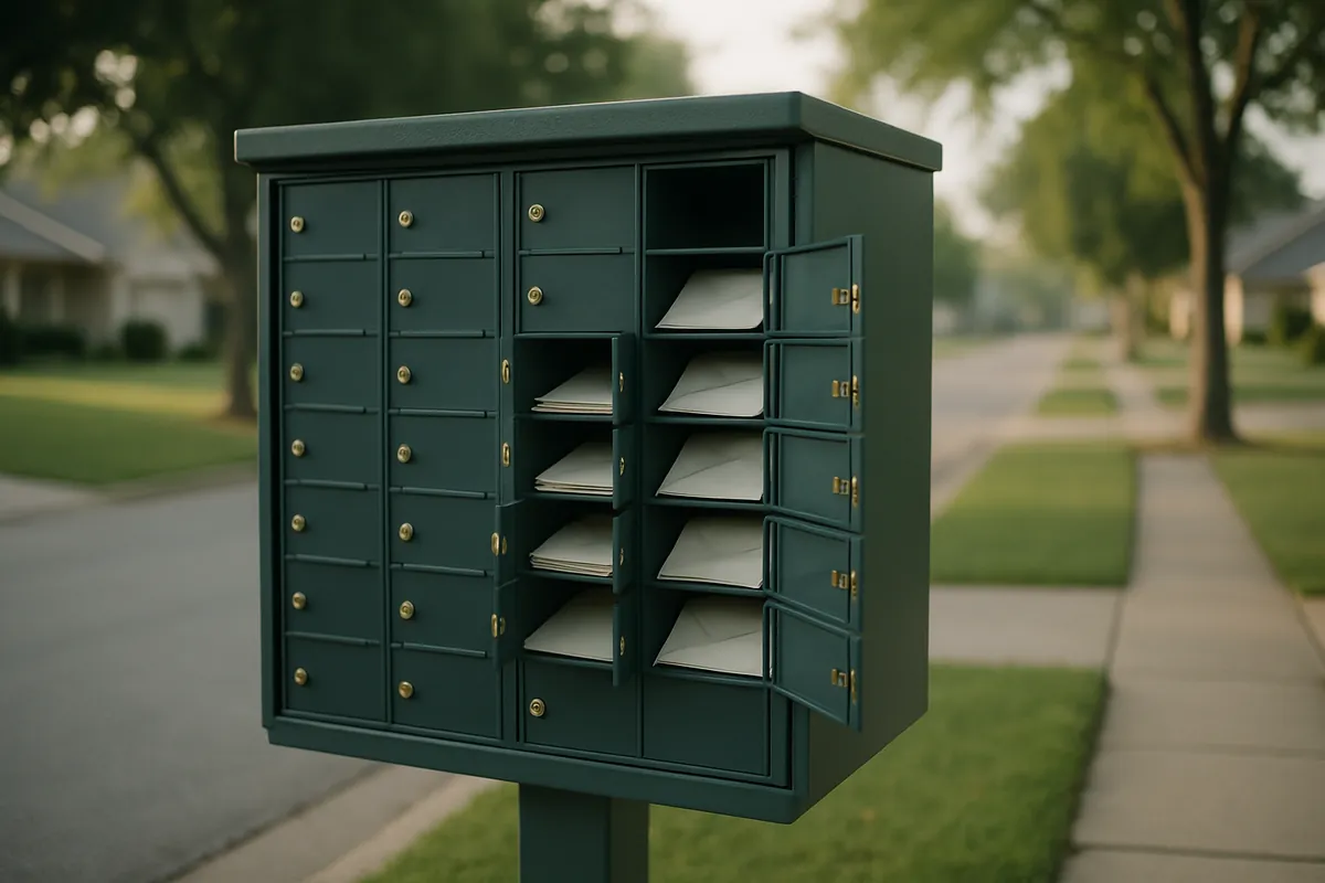 Neighborhood cluster mailbox with open compartments holding envelopes