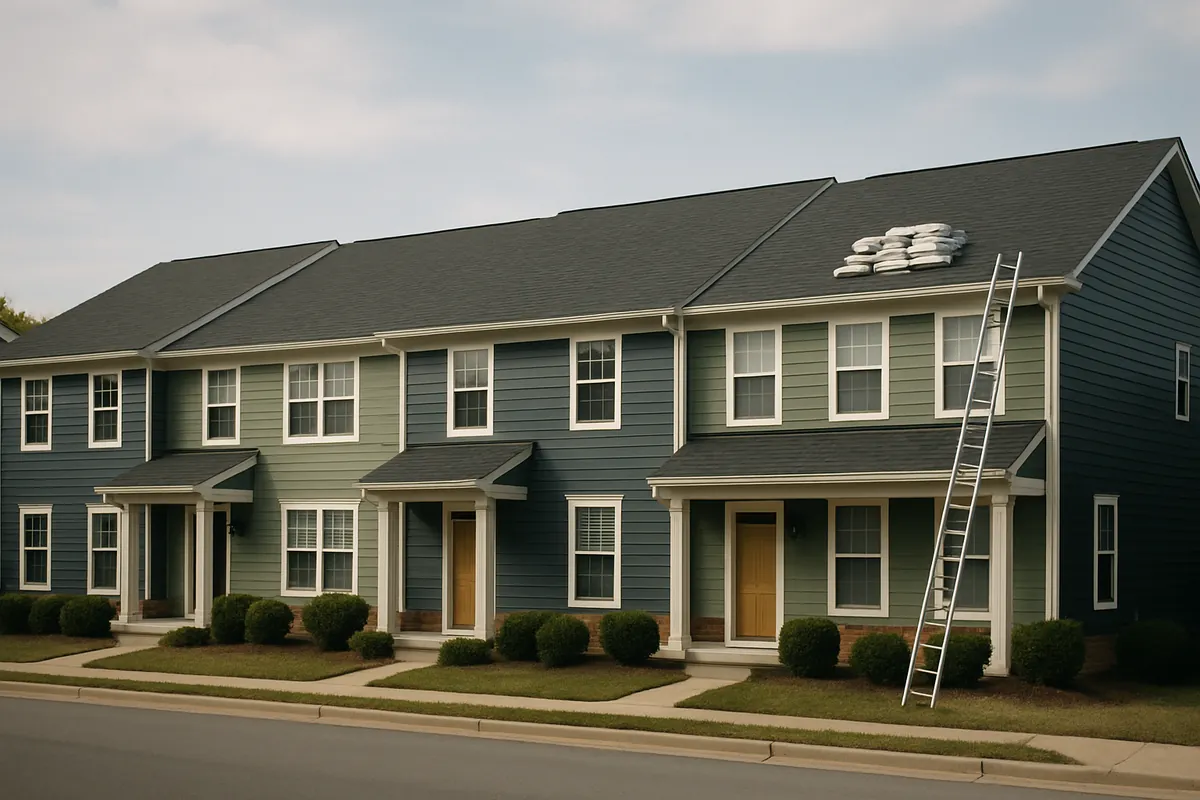 Row of townhomes with a newly replaced shingle roof, a ladder and spare shingle bundles still in place