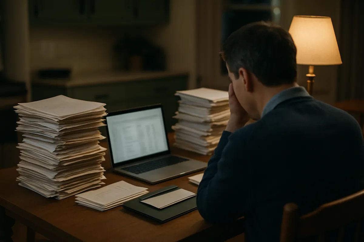Volunteer treasurer at a kitchen table late at night, surrounded by stacks of invoices