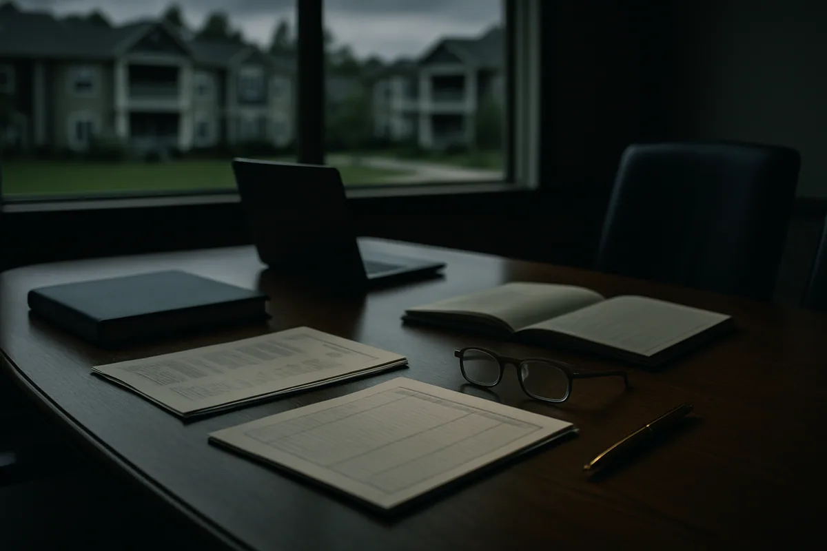 HOA boardroom table with financial statements, binder, laptop, and condo buildings outside