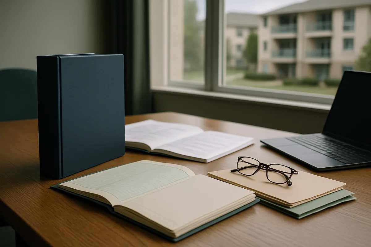Boardroom table with reserve study papers, binder, ledger, and laptop beside a condo building backdrop