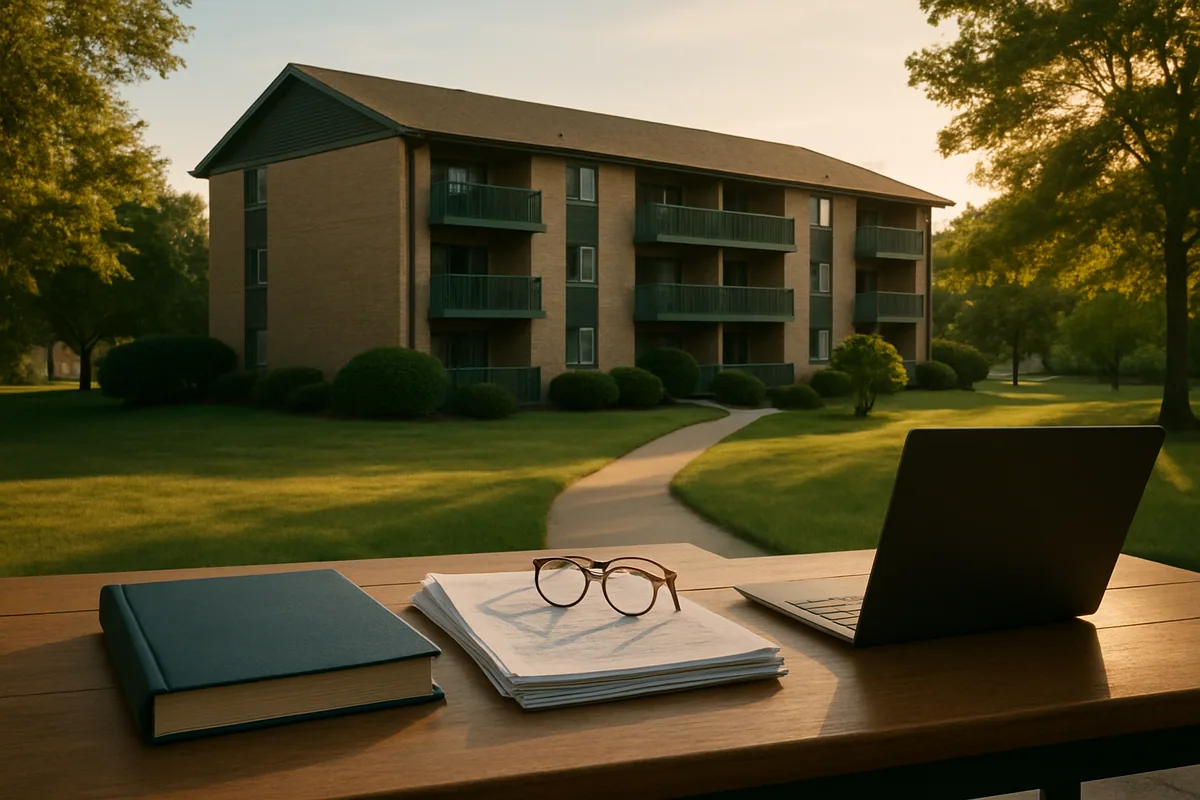 Ohio condominium building with a board table and unreadable budget papers for reserve planning