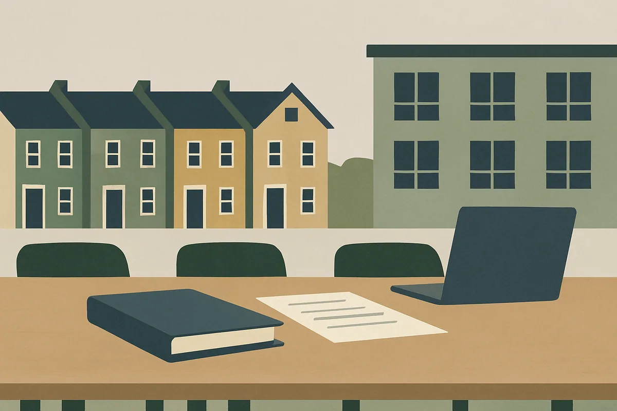 Townhomes and a board table with binders and unreadable documents for planned community governance